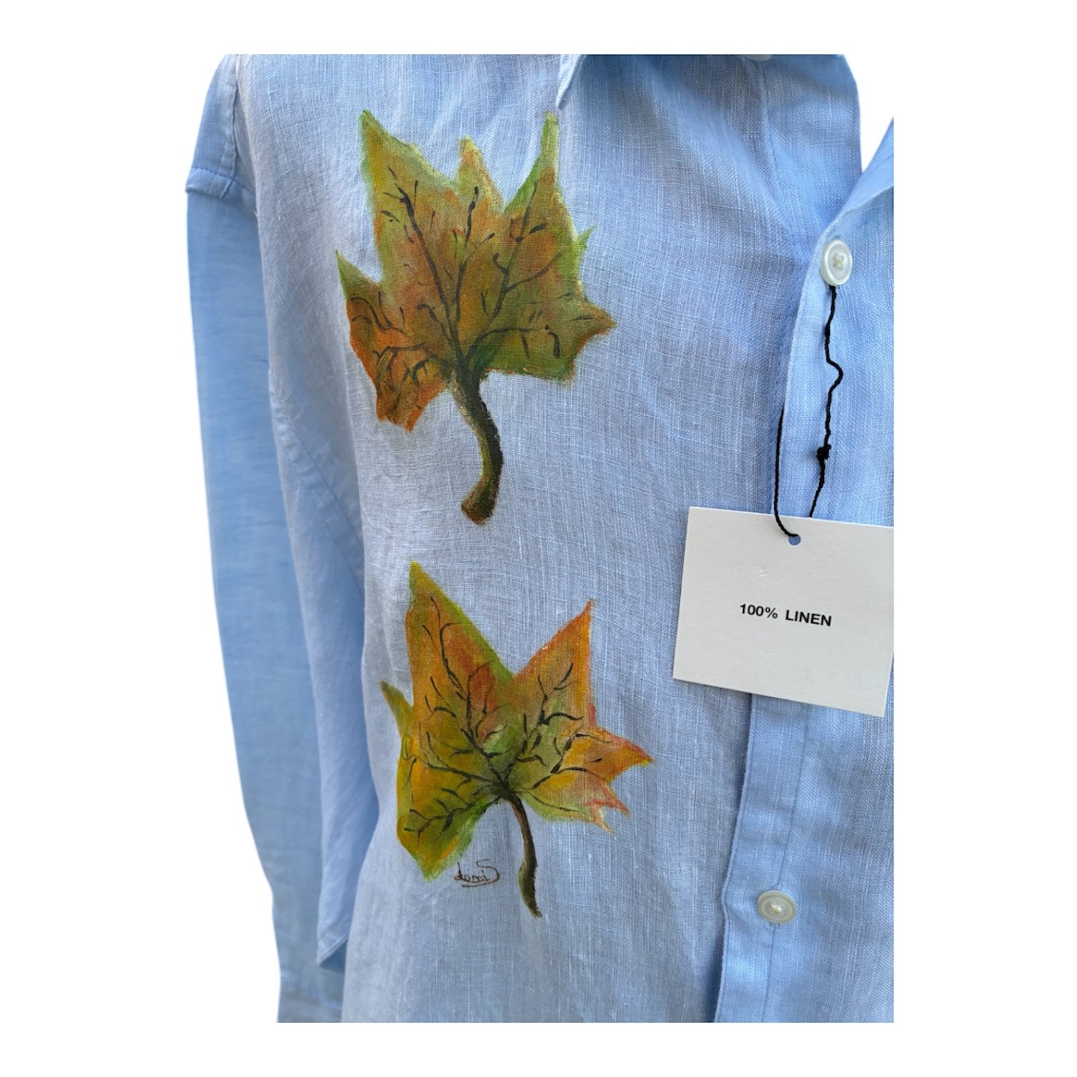 Camisa de lino azul con dos hojas pintadas a mano - Imagen 3