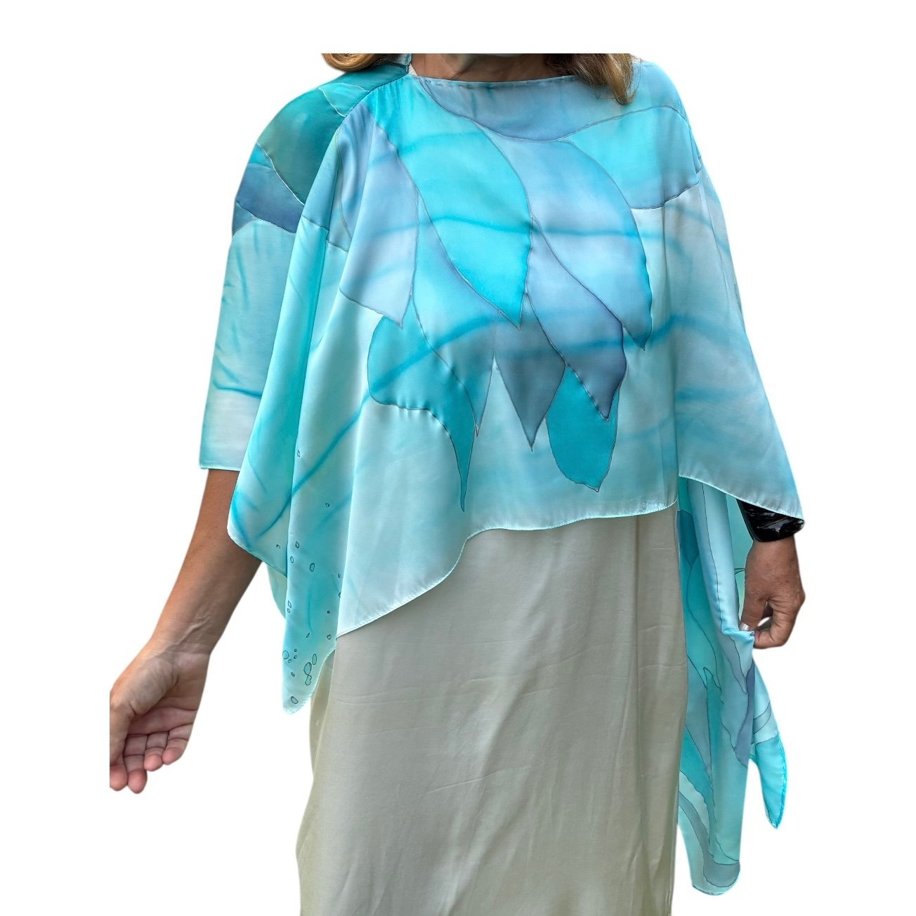 Capa de seda natural pintada a mano en tonos azules - Imagen 3