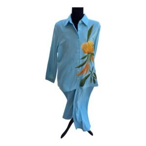 Conjunto camisa y pantalón azul, pintado a mano