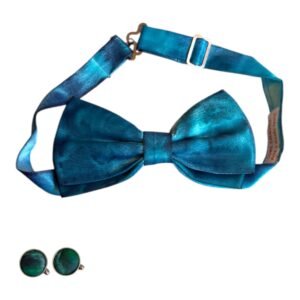 Conjunto pajarita, gemelos y pañuelo de seda natural azul pintado a mano