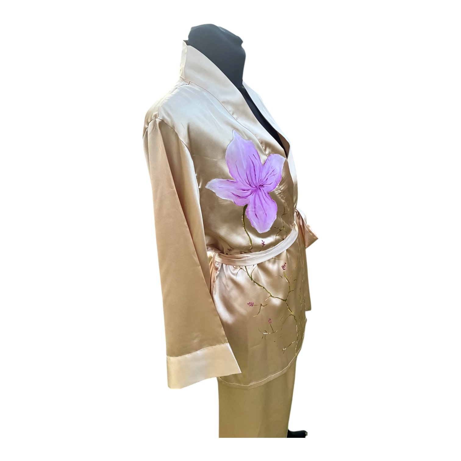 Pijama de satén beis pintado a mano - Imagen 4