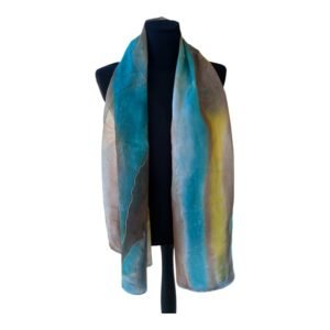 Fular de seda natural marrón y azul pintado a mano