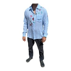 Camisa azul geométrica de lino, pintada a mano