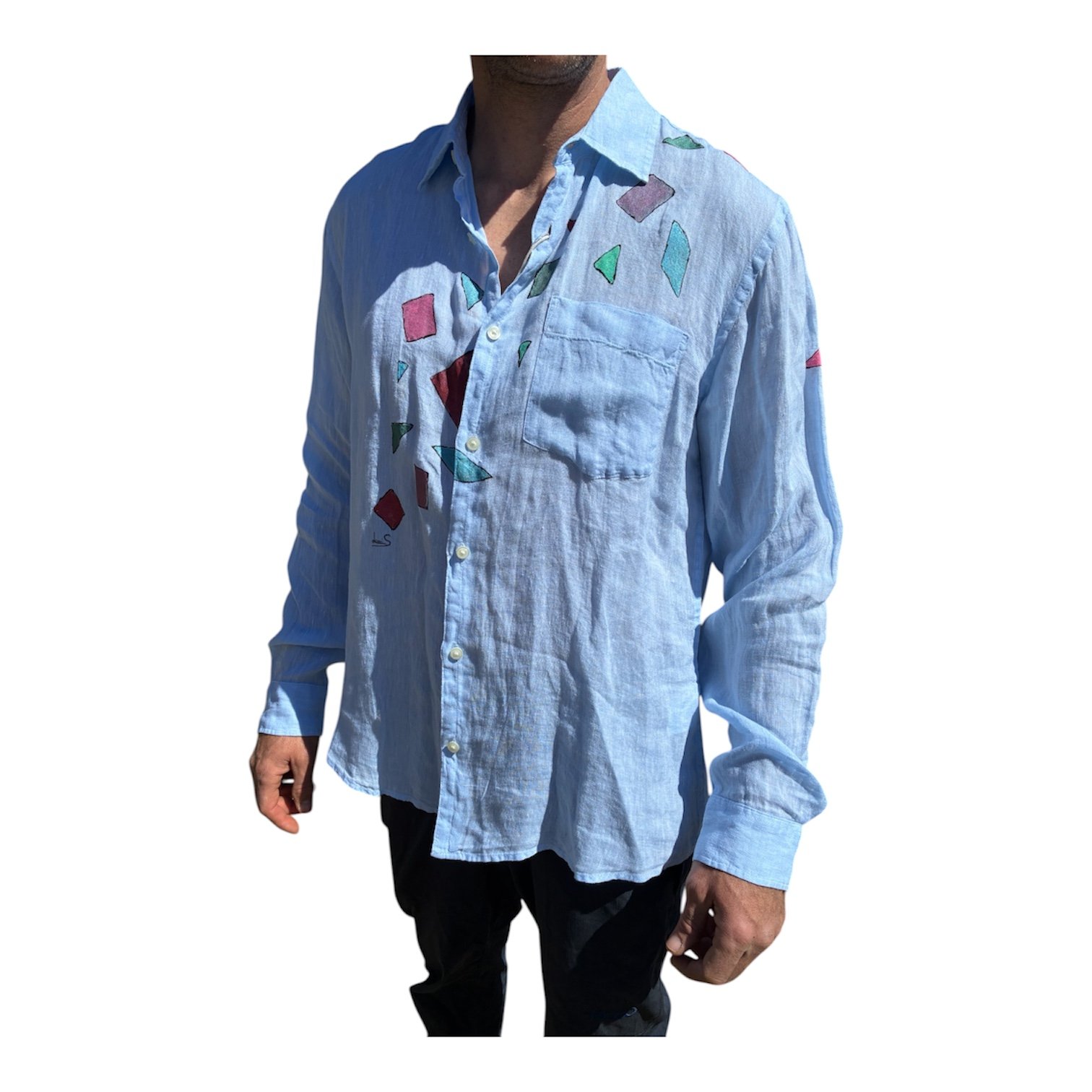 Camisa azul geométrica de lino, pintada a mano - Imagen 3