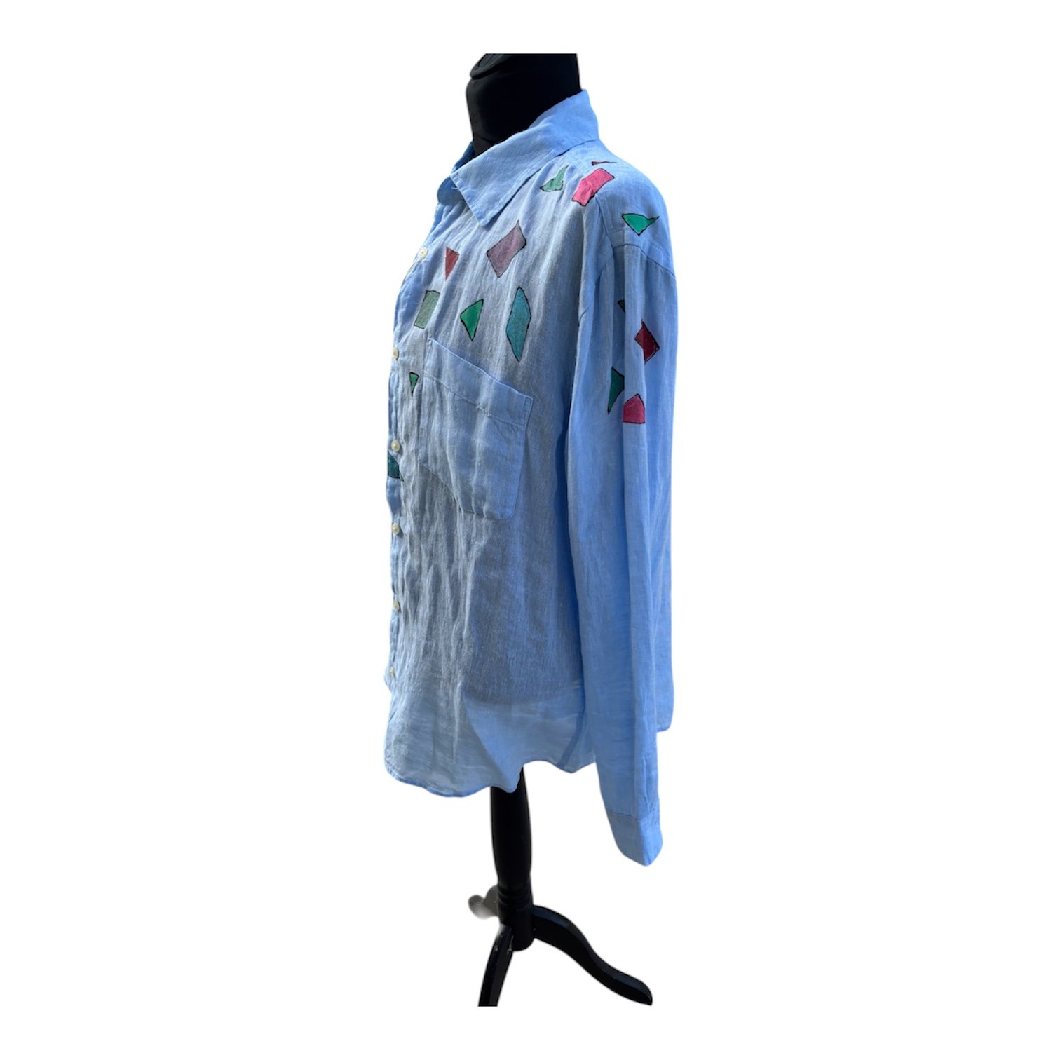 Camisa azul geométrica de lino, pintada a mano - Imagen 2