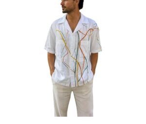 Camisa lino blanca con estampado multicolor pintado a mano