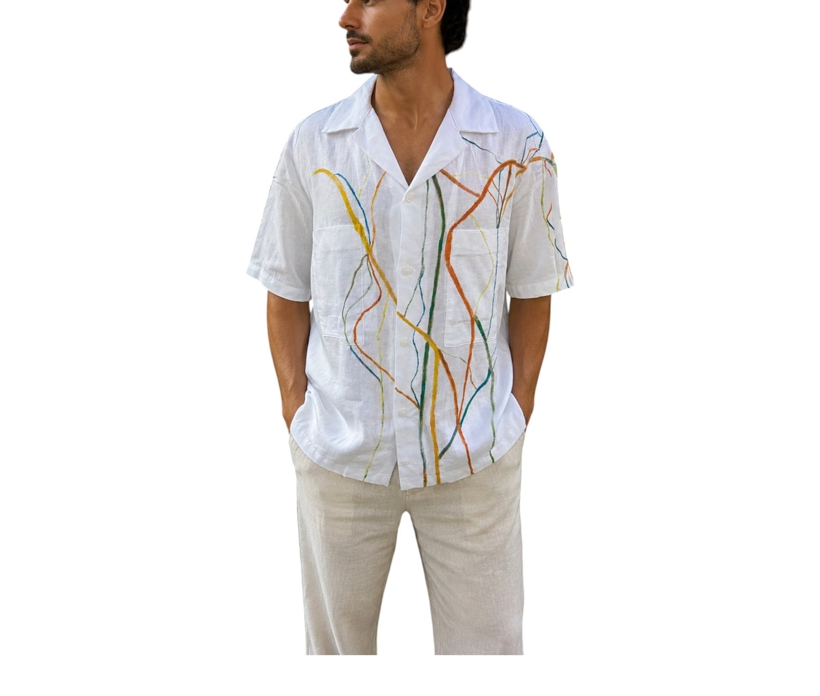 Camisa lino blanca con estampado multicolor pintado a mano