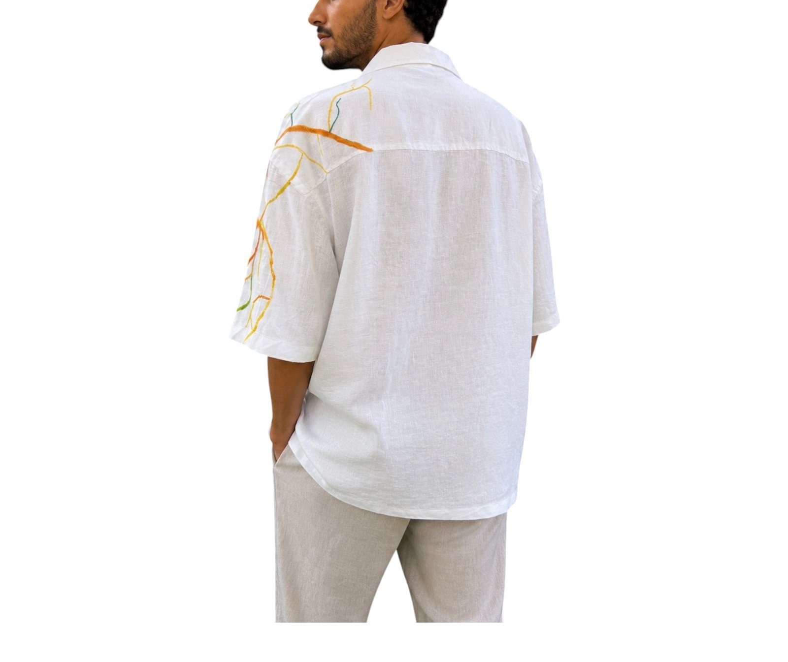Camisa lino blanca con estampado multicolor pintado a mano - Imagen 2