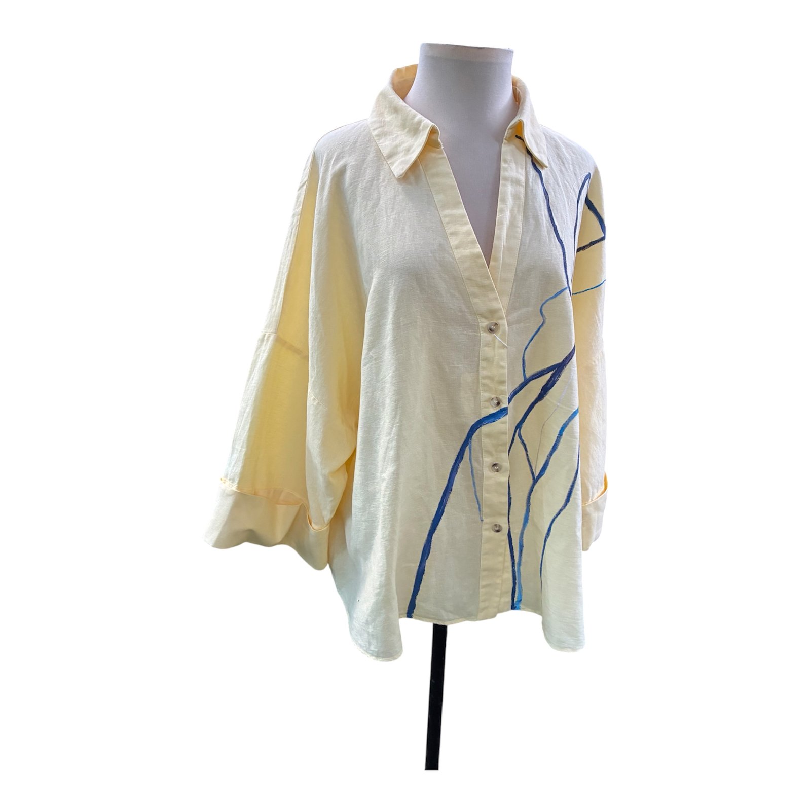 Camisa lino amarilla con estampado abstracto pintado a mano - Imagen 2