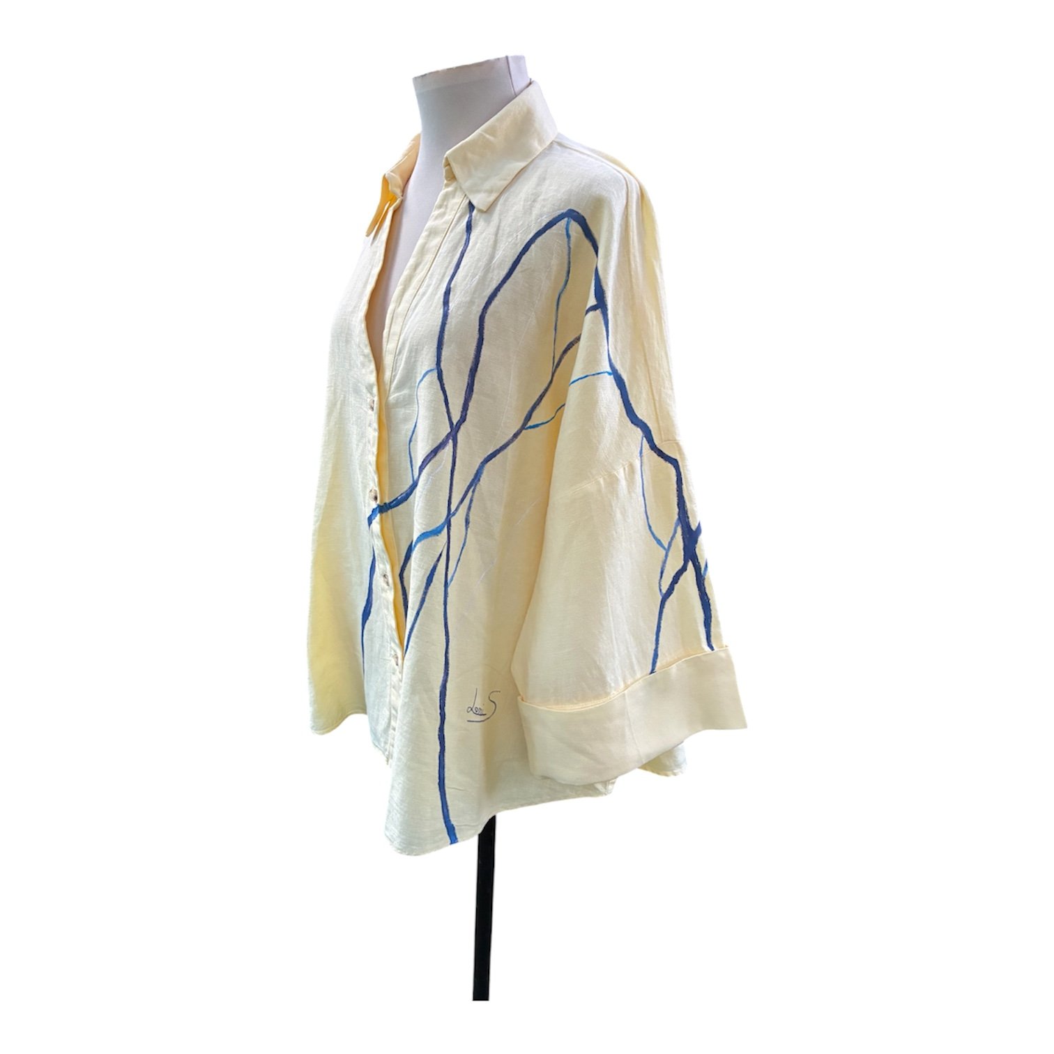 Camisa lino amarilla con estampado abstracto pintado a mano - Imagen 4