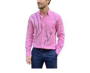 Camisa lino rosa con estampado pintado a mano