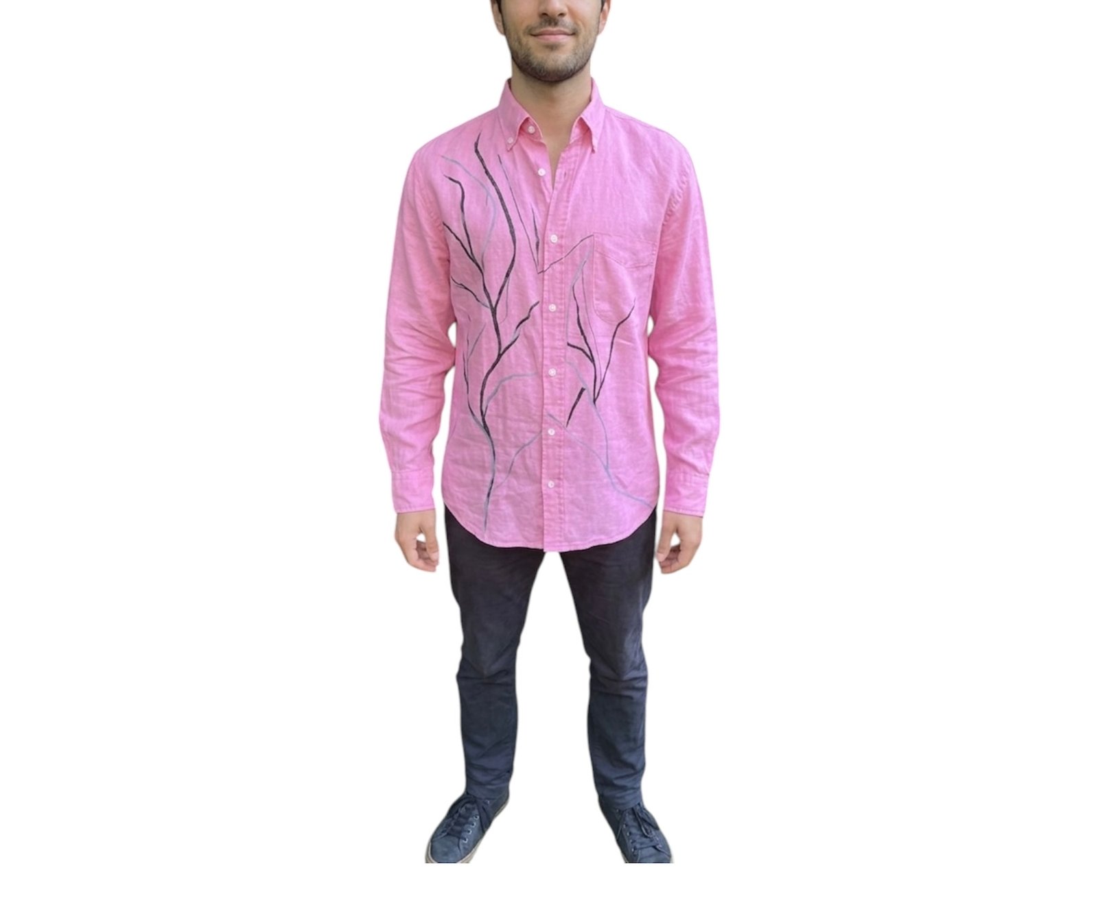 Camisa lino rosa con estampado pintado a mano - Imagen 3