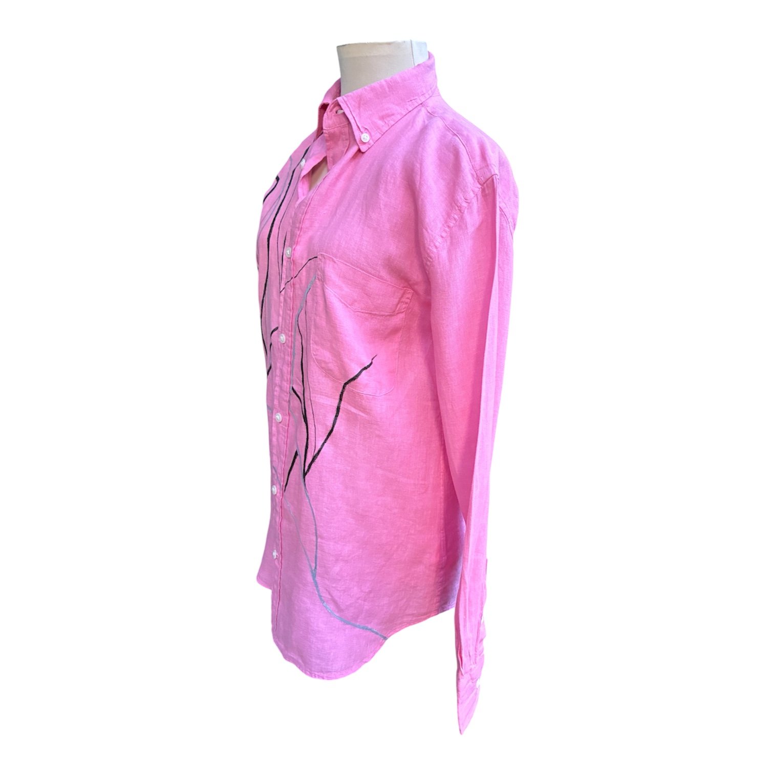 Camisa lino rosa con estampado pintado a mano - Imagen 4