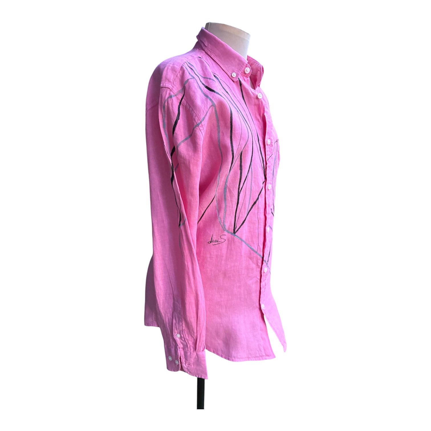 Camisa lino rosa con estampado pintado a mano - Imagen 2