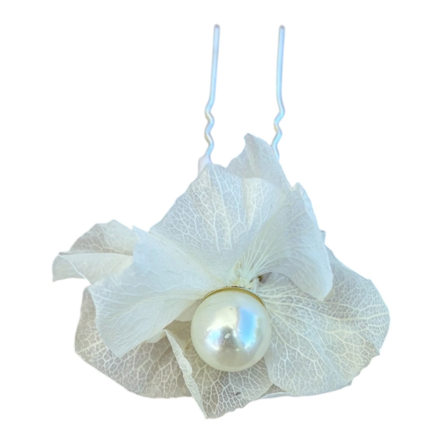 Horquilla de flor natural preservada con perla blanca